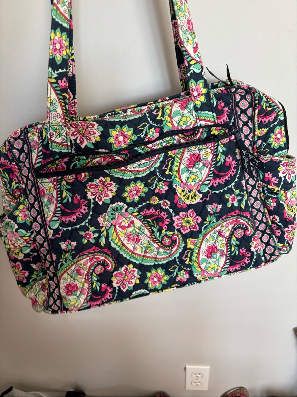 Vera Bradley Navy Paisley Quilted Diaper Bag with Pink and Green Accents